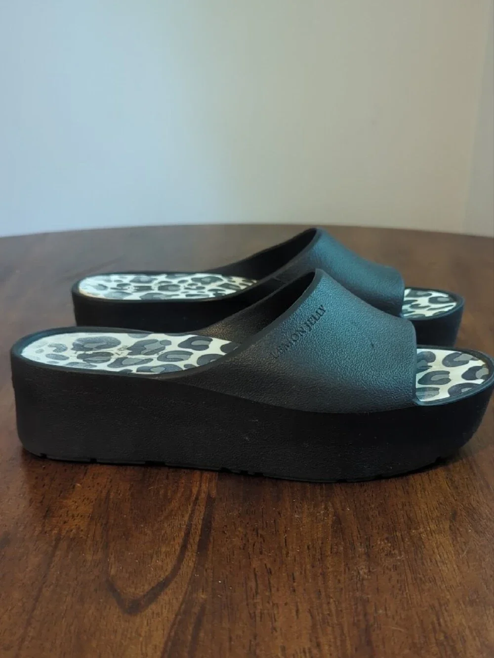 Lemon Jelly Platform Slides Sandals Waterproof Leopard Black size 7.5